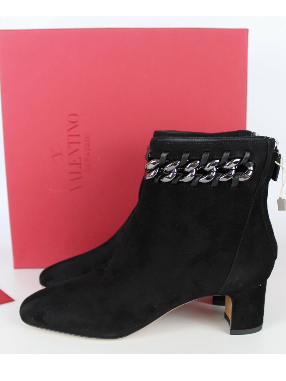 New VALENTINO Black Suede Chain Ankle Boots, EU 38